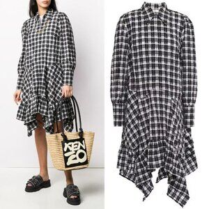 Ganni Charron Checkered Seersucker Shirt Dress Asymmetrical Plaid Black White